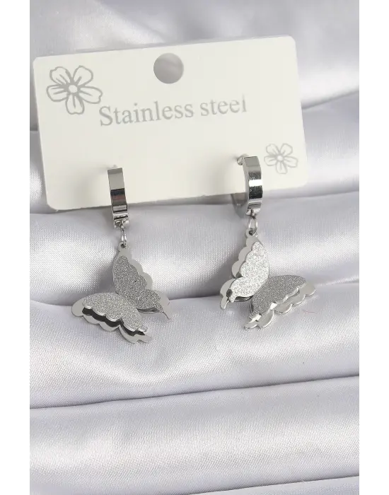   Gümüş Simli Kelebek Model Çelik Küpe