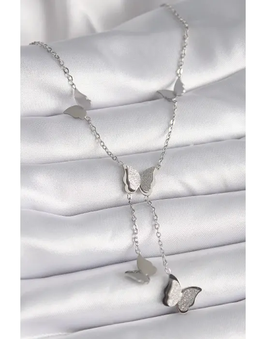  Gümüş  Simli Kelebek Sallantılı Model  Çelik Kolye