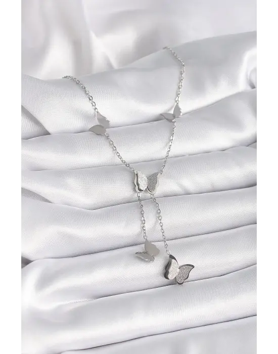  Gümüş  Simli Kelebek Sallantılı Model  Çelik Kolye