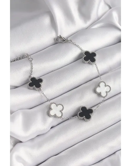 316L Çelik Gümüş Renk Siyah Beyaz Yonca Model Kadın Bileklik