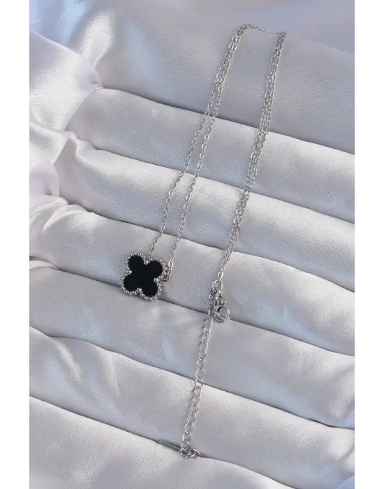  Gümüş  Siyah Mineli Yonca Çelik Kolye