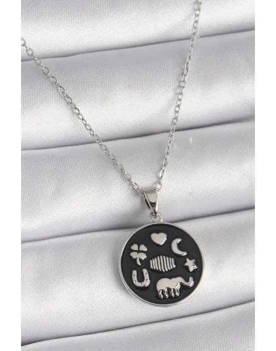  Gümüş  Siyah  Şans Çelik Kolyesi