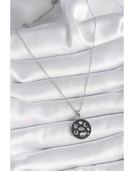  Gümüş  Siyah  Şans Çelik Kolyesi