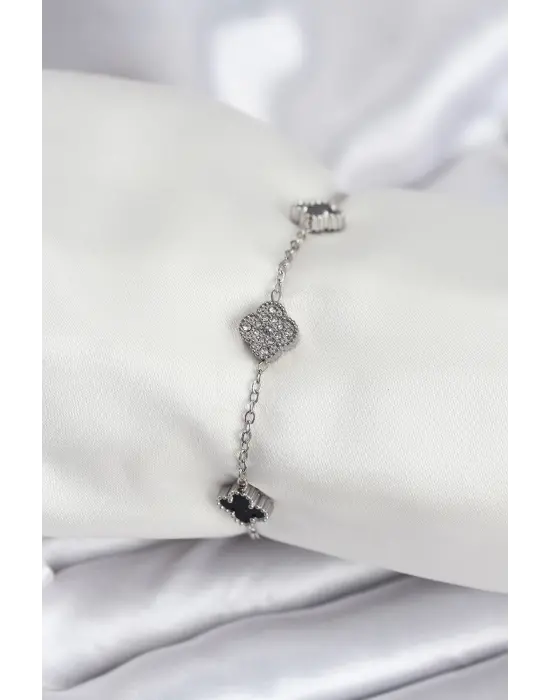 316L Çelik Gümüş Renk Siyah ve Zirkon Taşlı Baby Boy Yonca Kadın Bileklik