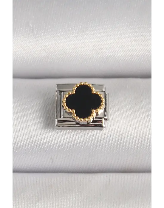 316L Çelik Gümüş Renk Siyah Yonca İşlemeli Nomination Charm