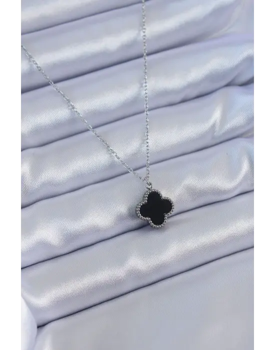 316L Çelik Gümüş Renk Siyah Yonca Model Kadın Kolye