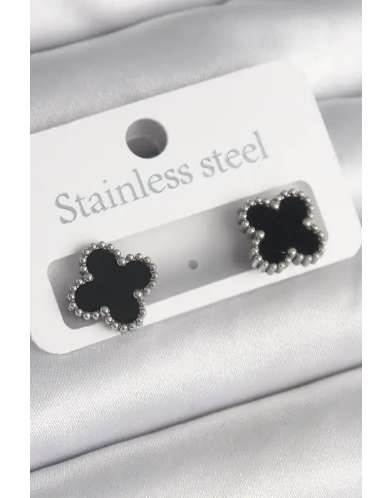   Gümüş Siyah Yonca Model Çelik Küpe