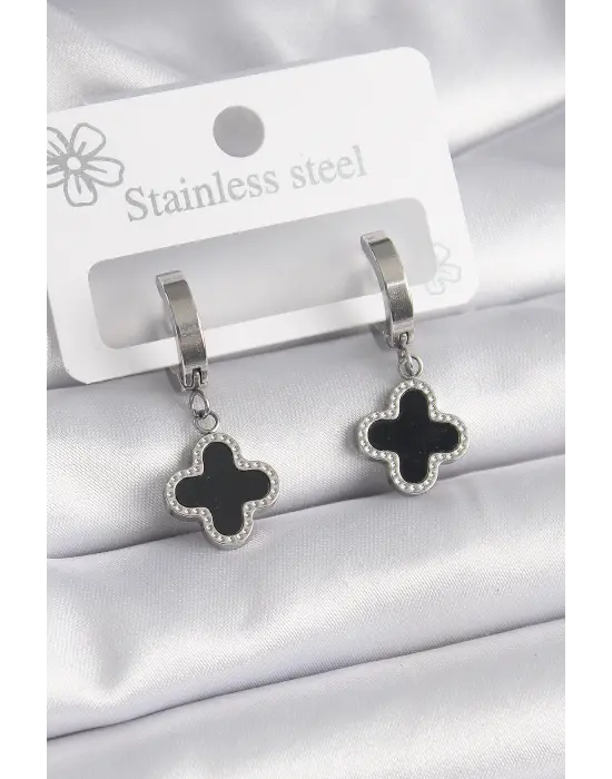   Gümüş Siyah Yonca Model Çelik Küpe