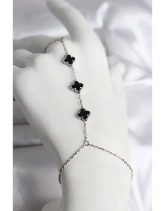 316L Çelik Gümüş Renk Siyah Yonca Model Kadın Şahmeran