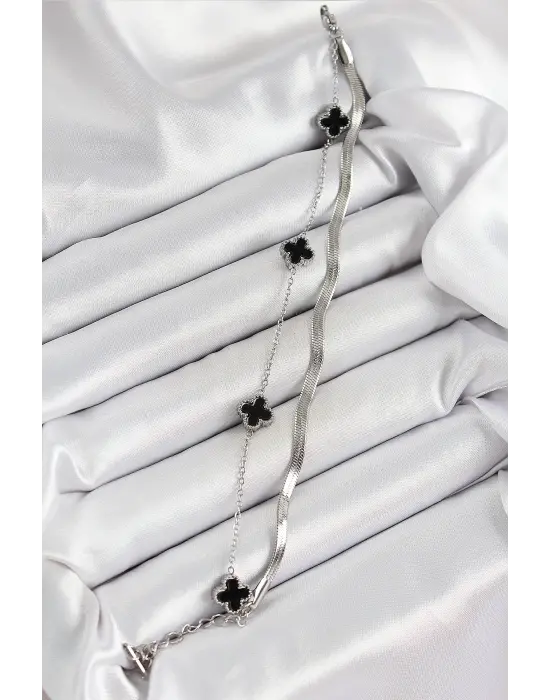 316L Çelik Gümüş Renk Siyah Yoncalı İtalyan Zincirli 2li Kadın Bileklik