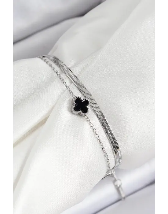 316L Çelik Gümüş Renk Siyah Yoncalı İtalyan Zincirli 2li Kadın Bileklik