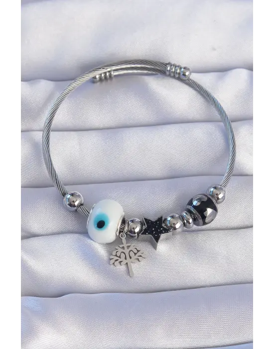 316L Çelik Gümüş Renk Siyah Zirkon Taşlı Yıldız Tasarımlı Ağaç Detay Nazarlı Charm Bileklik