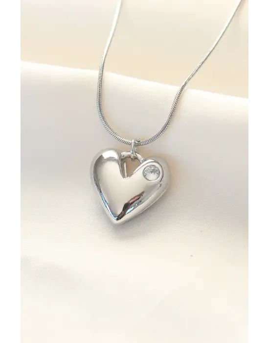  Gümüş  Tek Taşlı Kalp Çelik Kolye