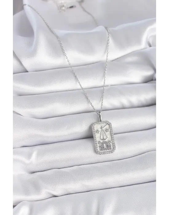  Gümüş  Terazi Burcu Zirkon Taşlı  Çelik Kolye