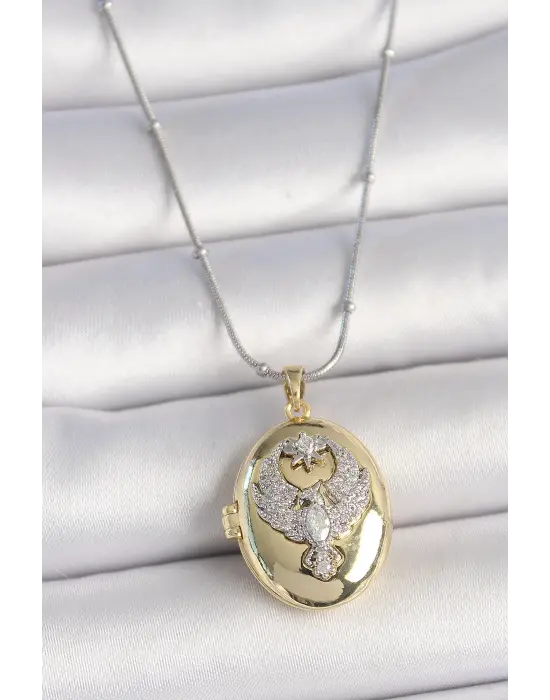 316L Çelik Gümüş Renk Topçuk Detay Zincir Açılır Zirkon Taşlı Anka Kuşu Model Kadın Kolye