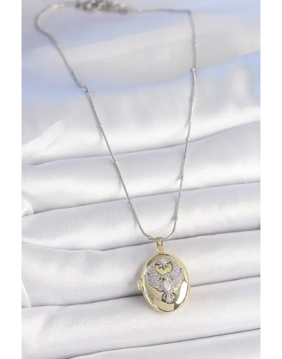 316L Çelik Gümüş Renk Topçuk Detay Zincir Açılır Zirkon Taşlı Anka Kuşu Model Kadın Kolye