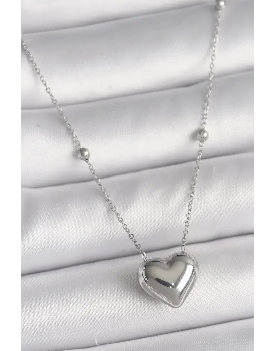  Gümüş  Topçuk Detay Zincir Kalp Model  Çelik Kolye