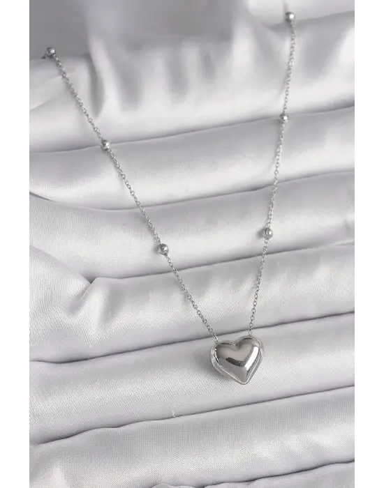  Gümüş  Topçuk Detay Zincir Kalp Model  Çelik Kolye