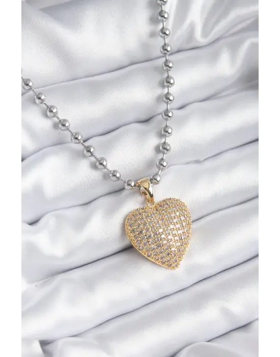  Gümüş  Topçuk Zincir Altın Zirkon Taşlı Kalp Tasarım 