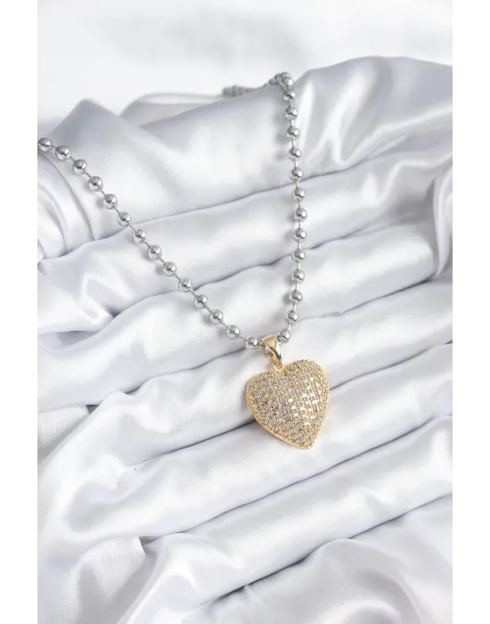  Gümüş  Topçuk Zincir Altın Zirkon Taşlı Kalp Tasarım 