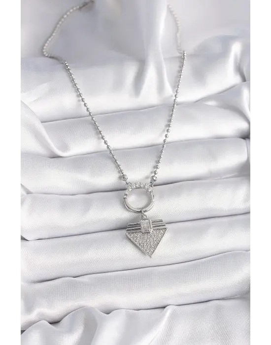  Gümüş  Topçuk Zincir Zirkon Taşlı Üçgen Model  Çelik Kolye