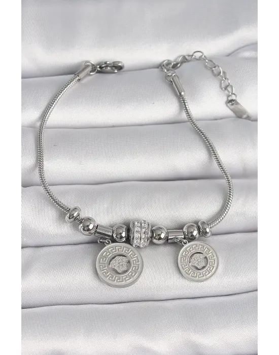 316L Çelik Gümüş Renk Tüp Zincir Madalyon Model Zirkon Taş Detaylı Kadın Bileklik