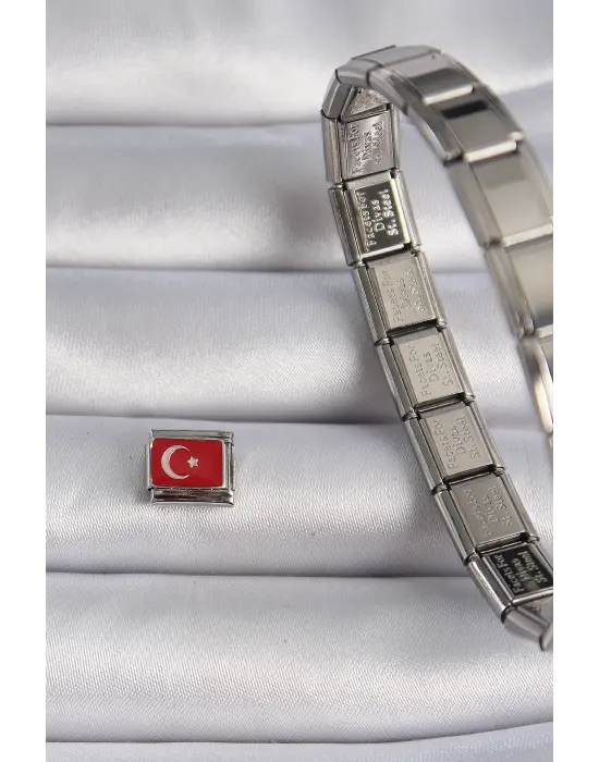 316L Çelik Gümüş Renk Türk Bayrağı İşlemeli Nomination Charm