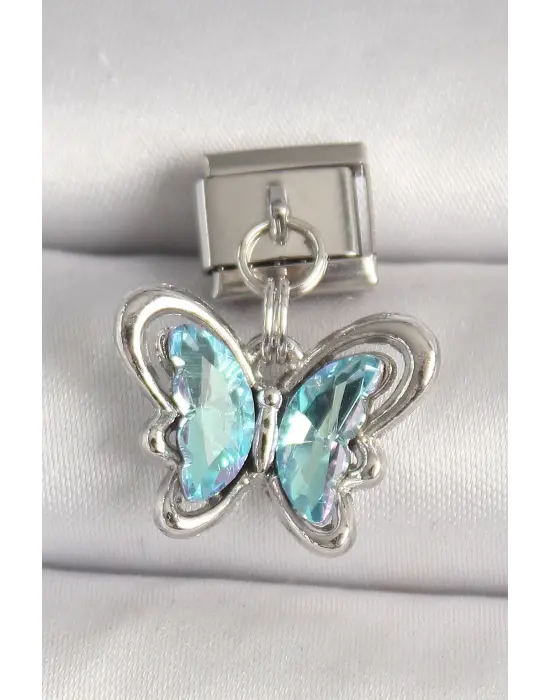 316L Çelik Gümüş Renk Turkuaz Zirkon Taşlı Kelebek Model Nomination Charm