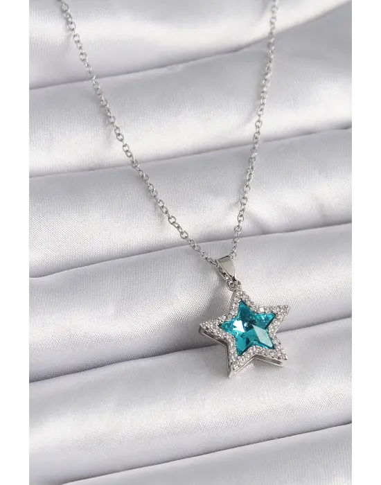  Gümüş  Turkuaz Zirkon Taşlı Yıldız Model  Çelik Kolye