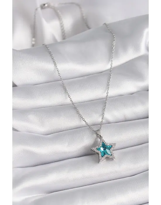  Gümüş  Turkuaz Zirkon Taşlı Yıldız Model  Çelik Kolye