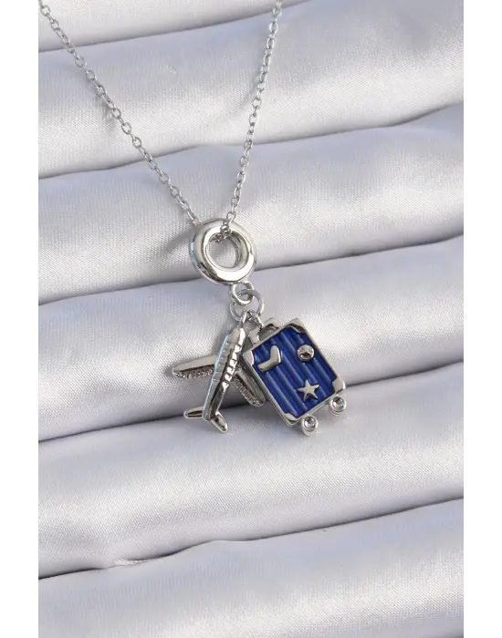  Gümüş  Uçak Bavul Figür Charm Model  Çelik Kolye