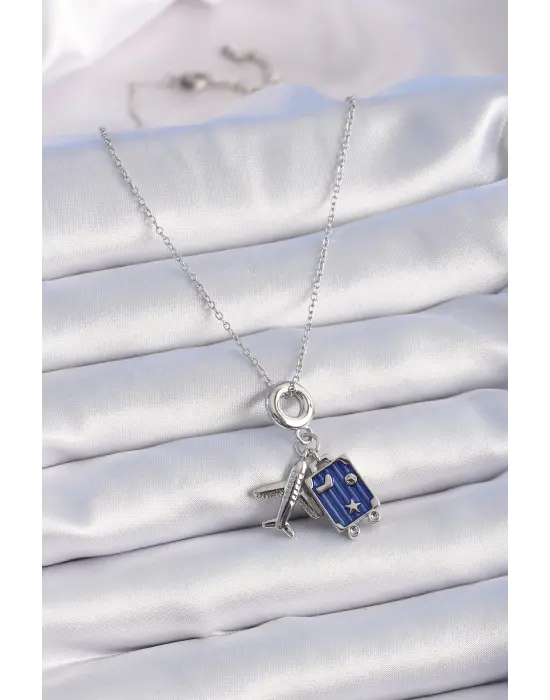  Gümüş  Uçak Bavul Figür Charm Model  Çelik Kolye