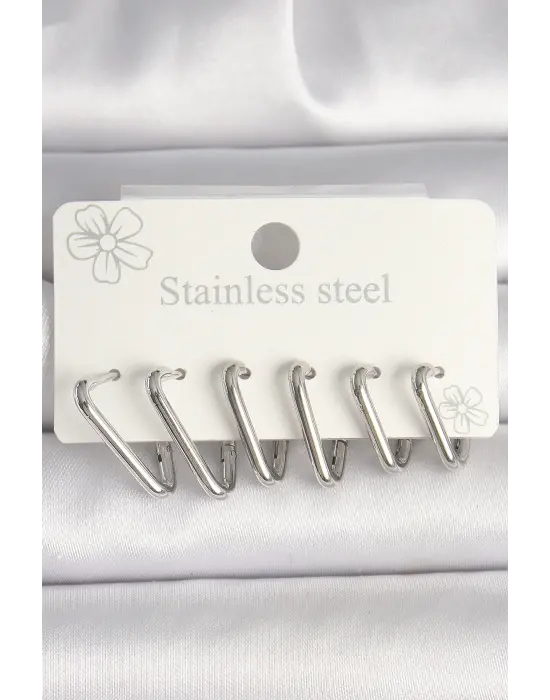 316L Çelik Gümüş Renk Üçgen Model Kadın Küpe Seti