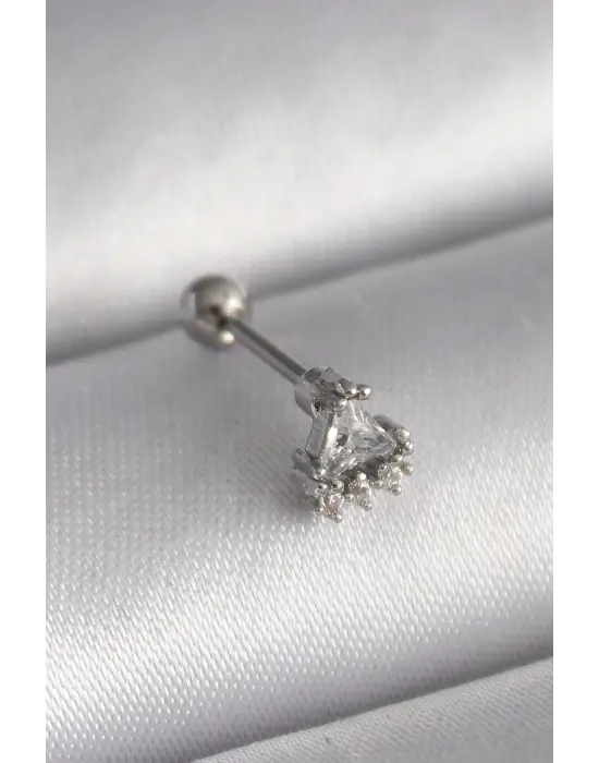 316L Çelik Gümüş Renk Üçgen Zirkon Taşlı Tragus Piercing