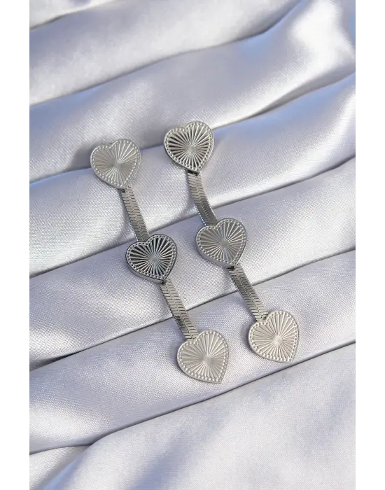   Gümüş Uzun İtalyan Zincir Detaylı Kalp Küpe