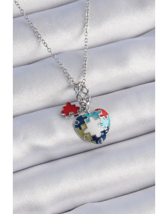  Gümüş  Yapboz Motif Kalp Figür Charm Model  Çelik Kolye