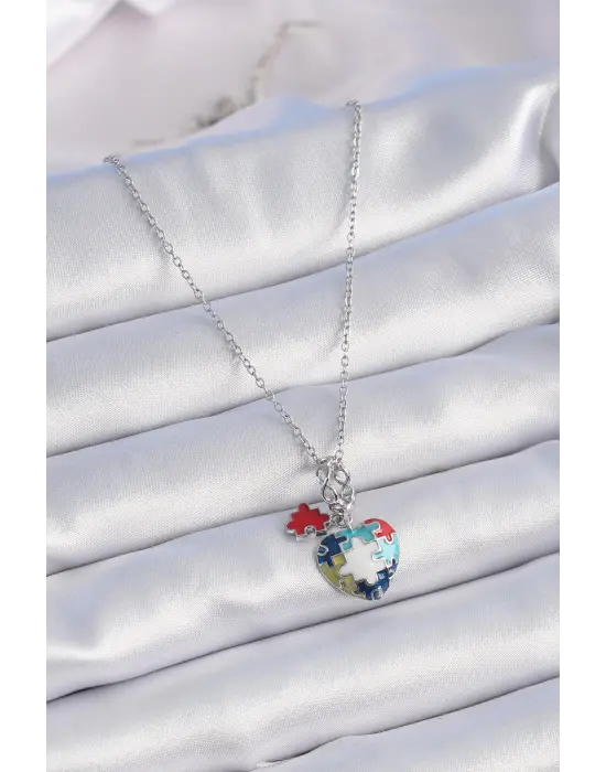  Gümüş  Yapboz Motif Kalp Figür Charm Model  Çelik Kolye