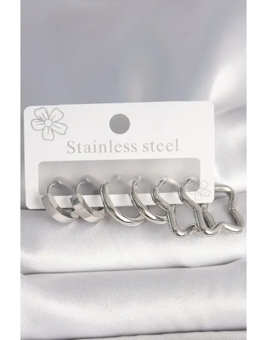 316L Çelik Gümüş Renk Yarım Halka Yıldız Model Kadın Küpe Seti