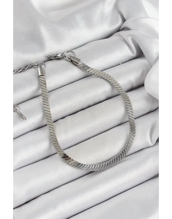 316L Çelik Gümüş Renk Yassı Zincir Model Kadın Bileklik