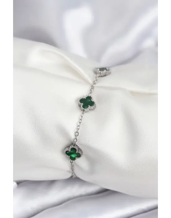 316L Çelik Gümüş Renk Yeşil Baby Boy Yonca Kadın Bileklik