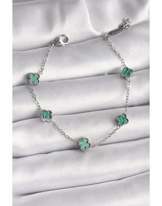 316L Çelik Gümüş Renk Yeşil Baby Boy Yonca Model Kadın Bileklik