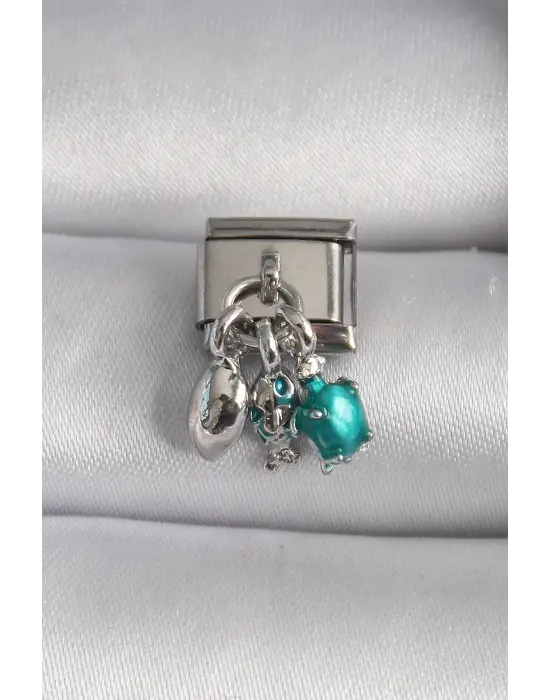 316L Çelik Gümüş Renk Yeşil Kaplumbağa Model Nomination Charm