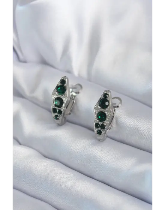   Gümüş Yeşil Kristal Taş İşleme Yılan Model Çelik Küpe