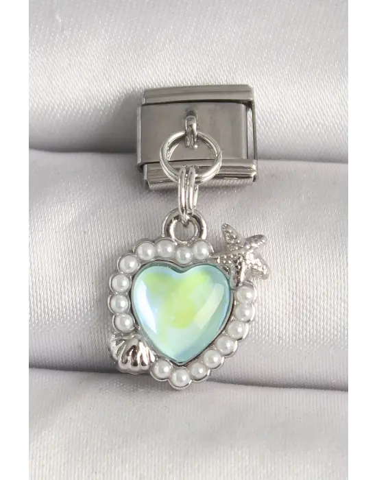 316L Çelik Gümüş Renk Yeşil Mineli Kalp Model Deniz Yıldız Detay Nomination Charm