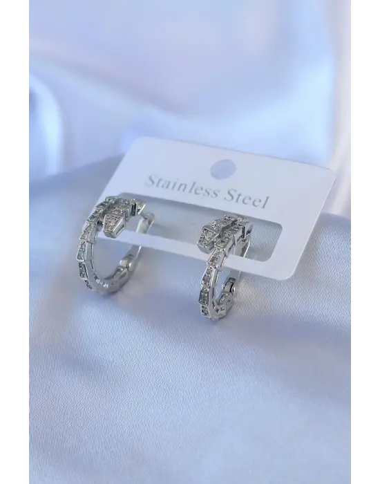 316L Çelik Gümüş Renk Yılan Model Zirkon Taşlı Kadın Küpe