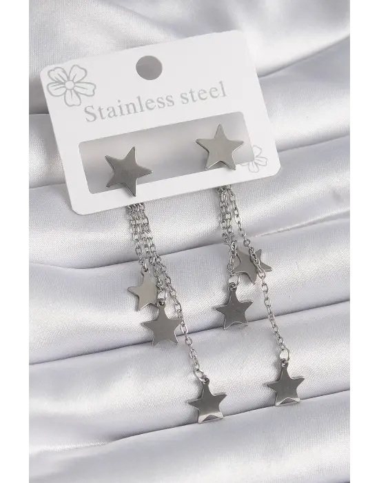   Gümüş Yıldız Model Sallantılı Çelik Küpe