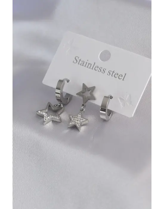 316L Çelik Gümüş Renk Yıldız Model Zirkon Taş Detay Kadın Küpe Kombini