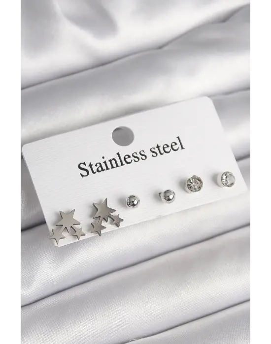   Gümüş Yıldız Model Zirkon Taşlı Topçuk Detay Çelik Küpe Seti