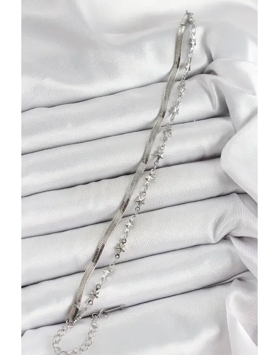 316L Çelik Gümüş Renk Yıldız Zincir ve İtalyan Zincirli 2li Kadın Bileklik