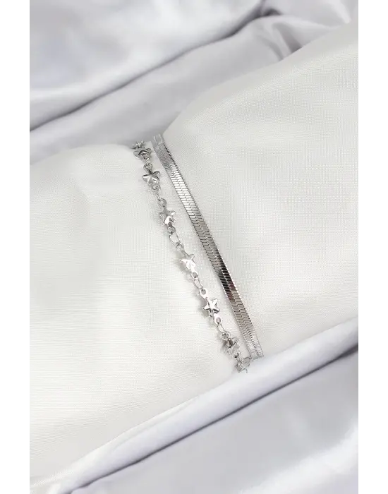 316L Çelik Gümüş Renk Yıldız Zincir ve İtalyan Zincirli 2li Kadın Bileklik